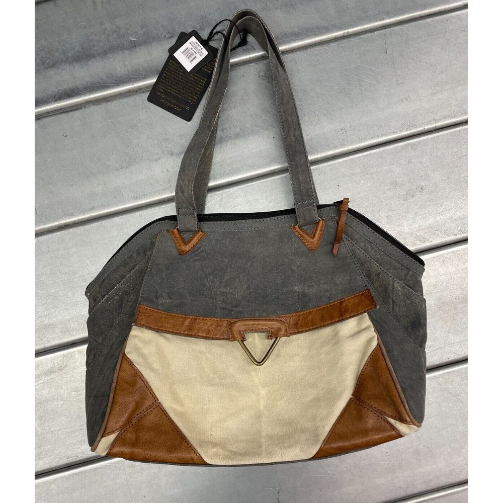 Mona B Upcycled Canvas Shoulder Bag Womens Gray‎ Brown Leather Trim Handbag
